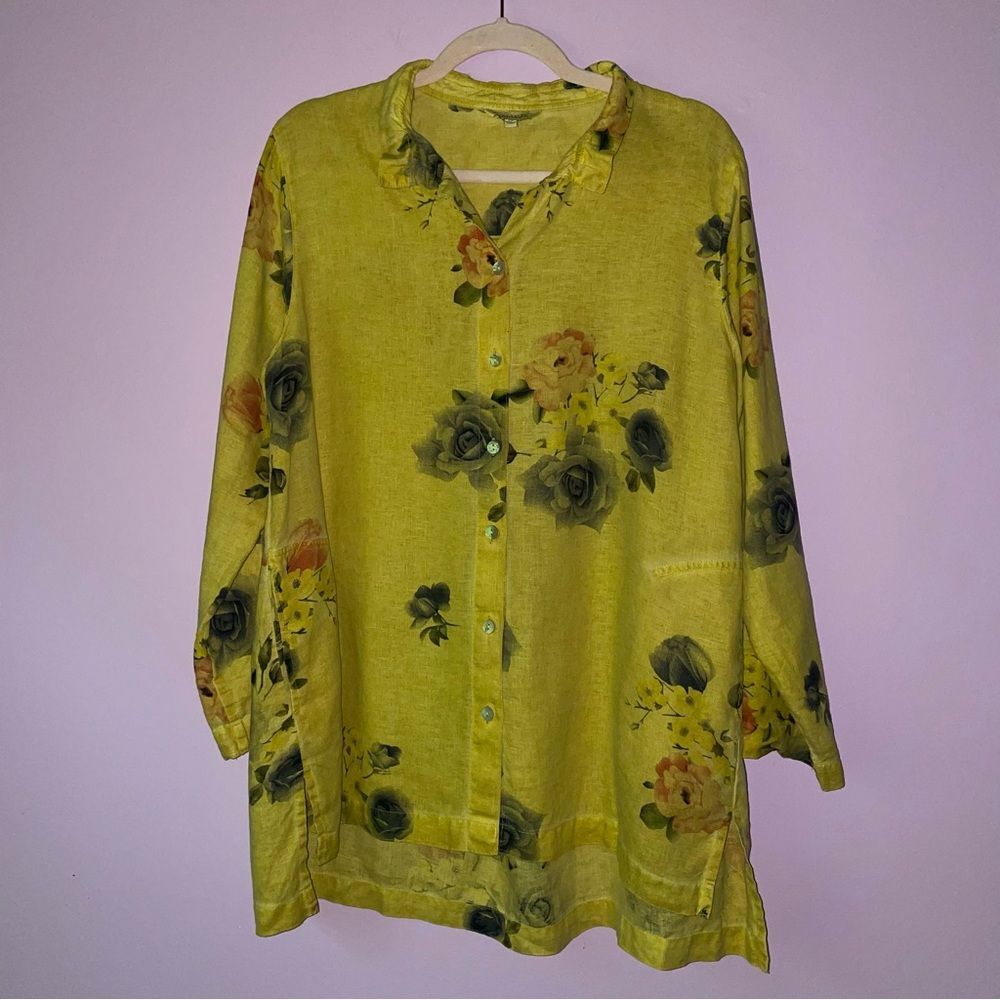 John Mark Size M Linen Floral Yellow Button-Up Blouse Jacket Cardigan Pockets